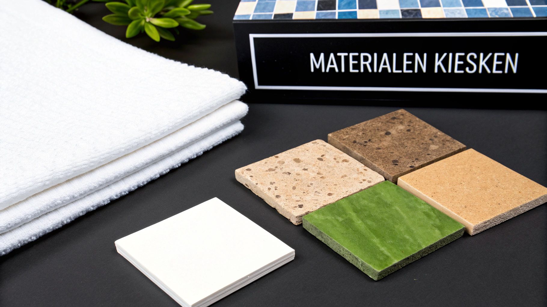 Selectie van badkamer materialen: tegels in beige, bruin, groen en wit, met gestapelde witte handdoeken.