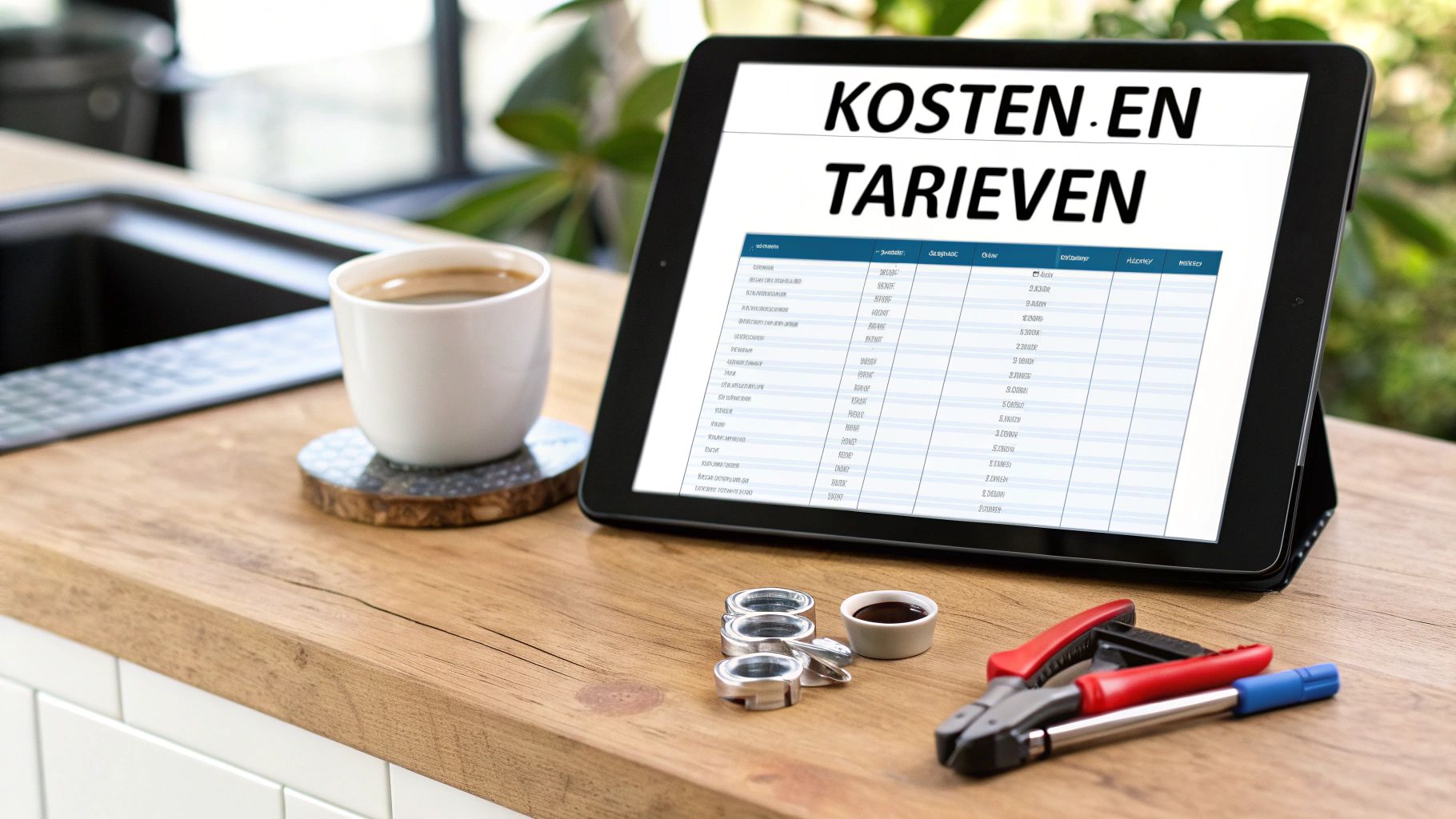 Tablet toont kosten- en tarievenoverzicht op een houten aanrecht met koffie en gereedschap.