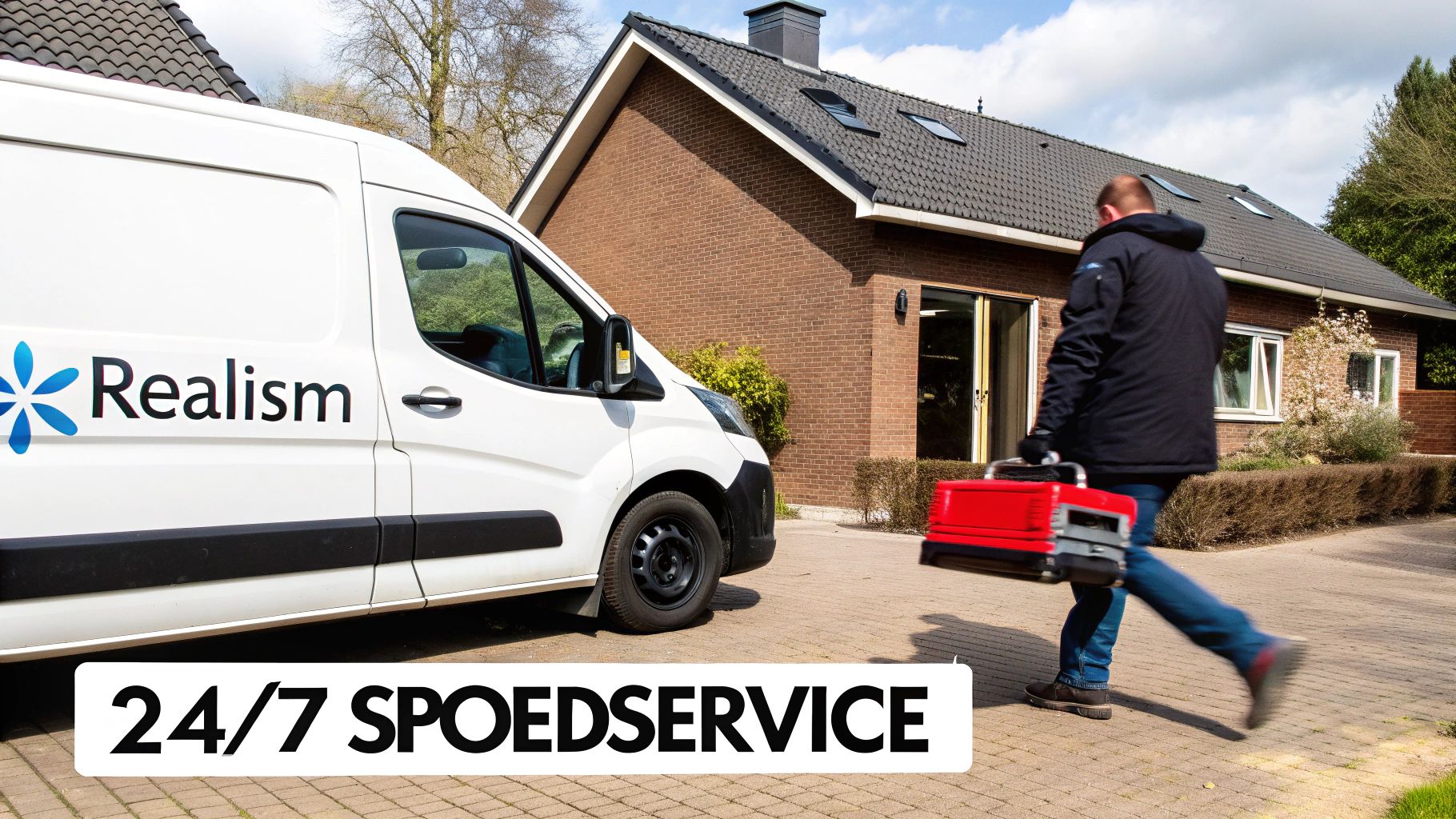 Een wit Realism busje en een monteur die een rode gereedschapskist naar een huis draagt. Tekst: 24/7 SPOEDSERVICE.