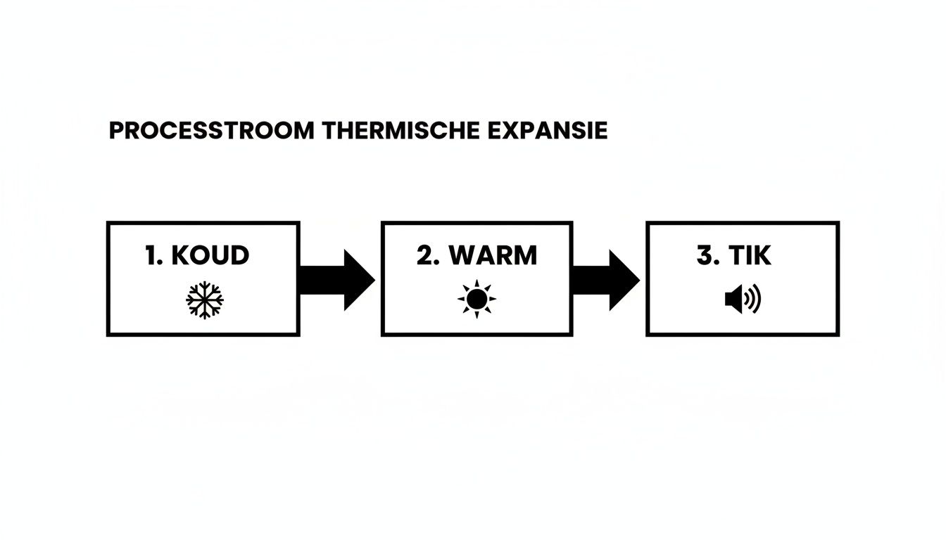Processtroom thermische expansie: van koud via warmte naar een tikgeluid, visueel voorgesteld.
