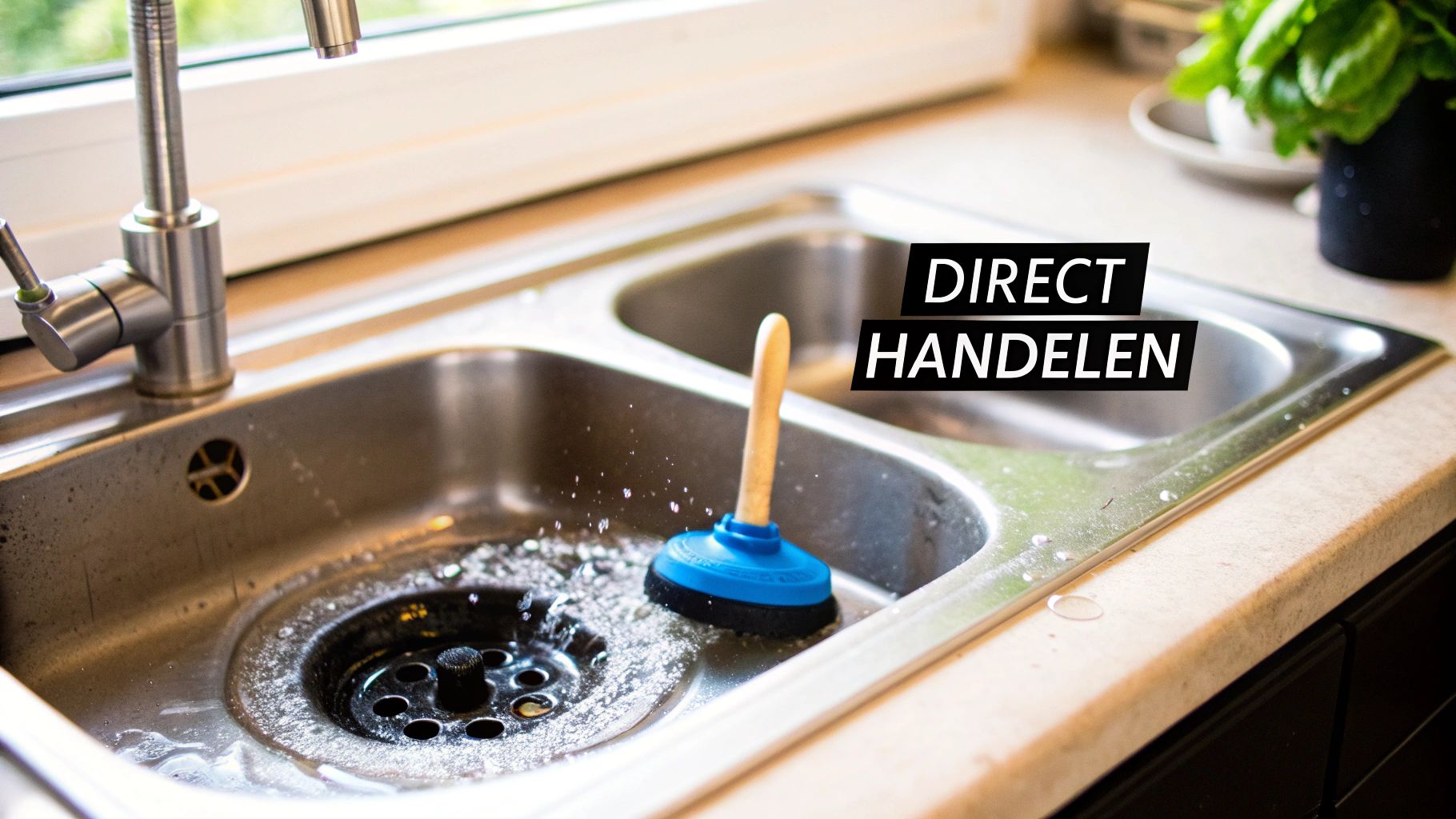 Een gootsteen in een keuken met een ontstoppingsrubber, waarbij water opspat, en de tekst "DIRECT HANDELEN".
