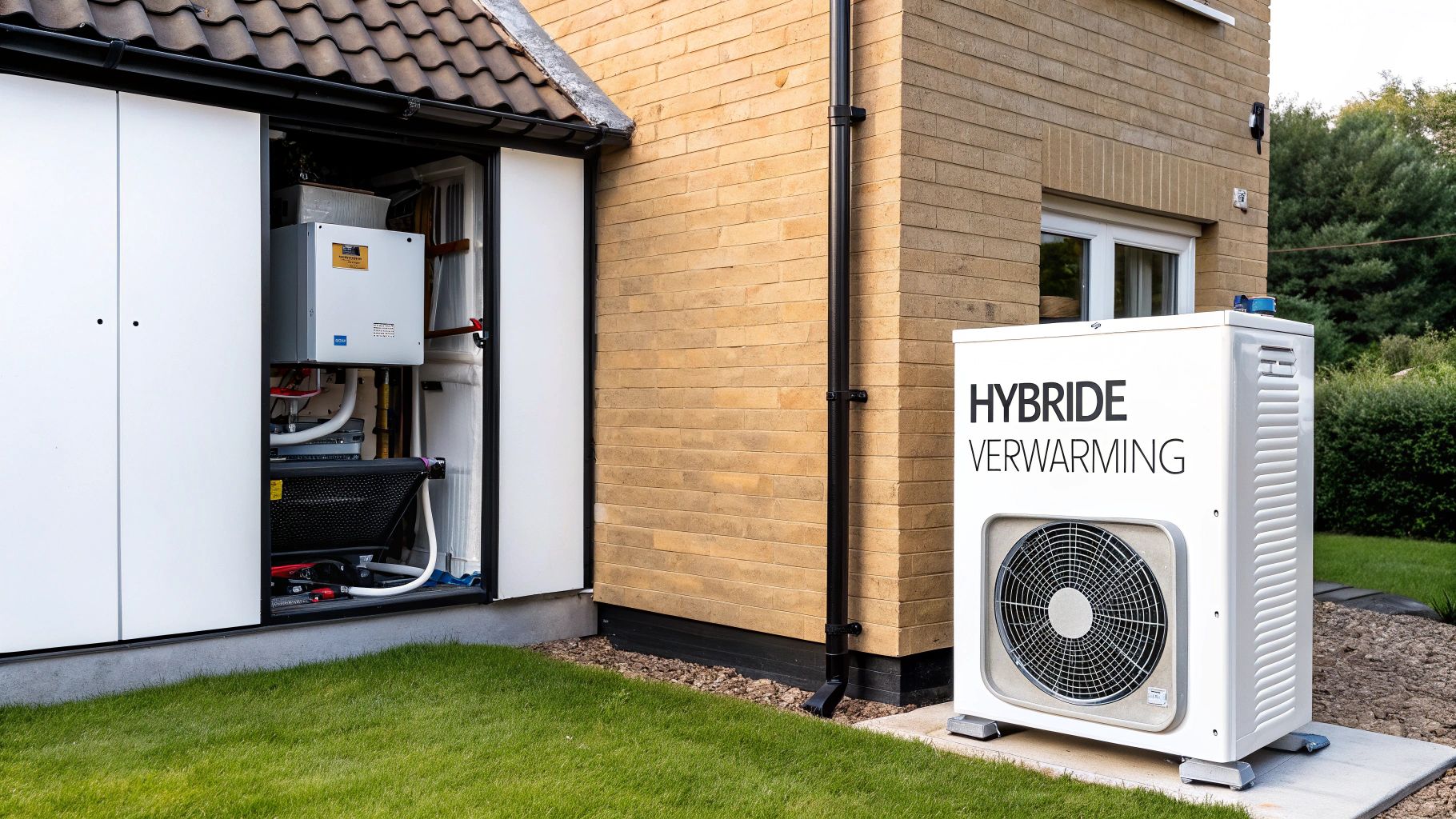 Een hybride warmtepompsysteem met een buitenunit en een geopende binnenunit bij een woning.