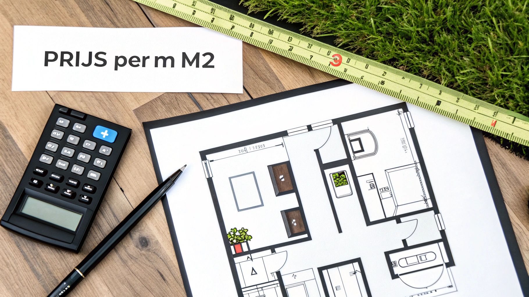 Overzicht van een prijskaartje 'PRIJS per m M2' met rekenmachine, plattegrond, meetlint en pen op een houten tafel.