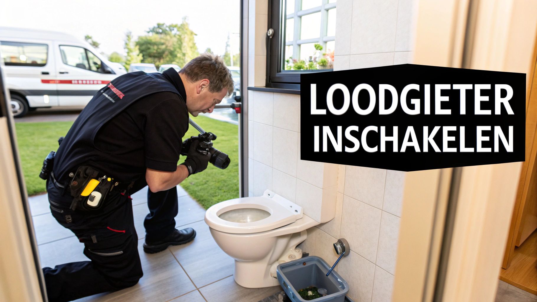 Een loodgieter knielt en inspecteert een verstopt toilet met een camera, met een servicebus op de achtergrond.