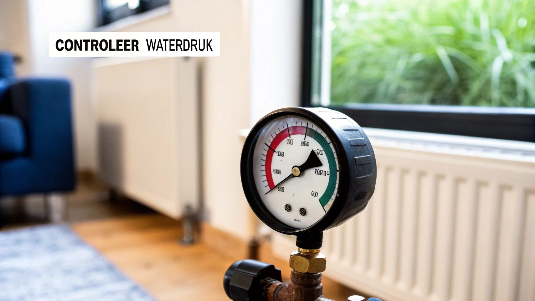 Close-up van een waterdrukmeter met een banner 'Controleer Waterdruk', geplaatst in een interieur.