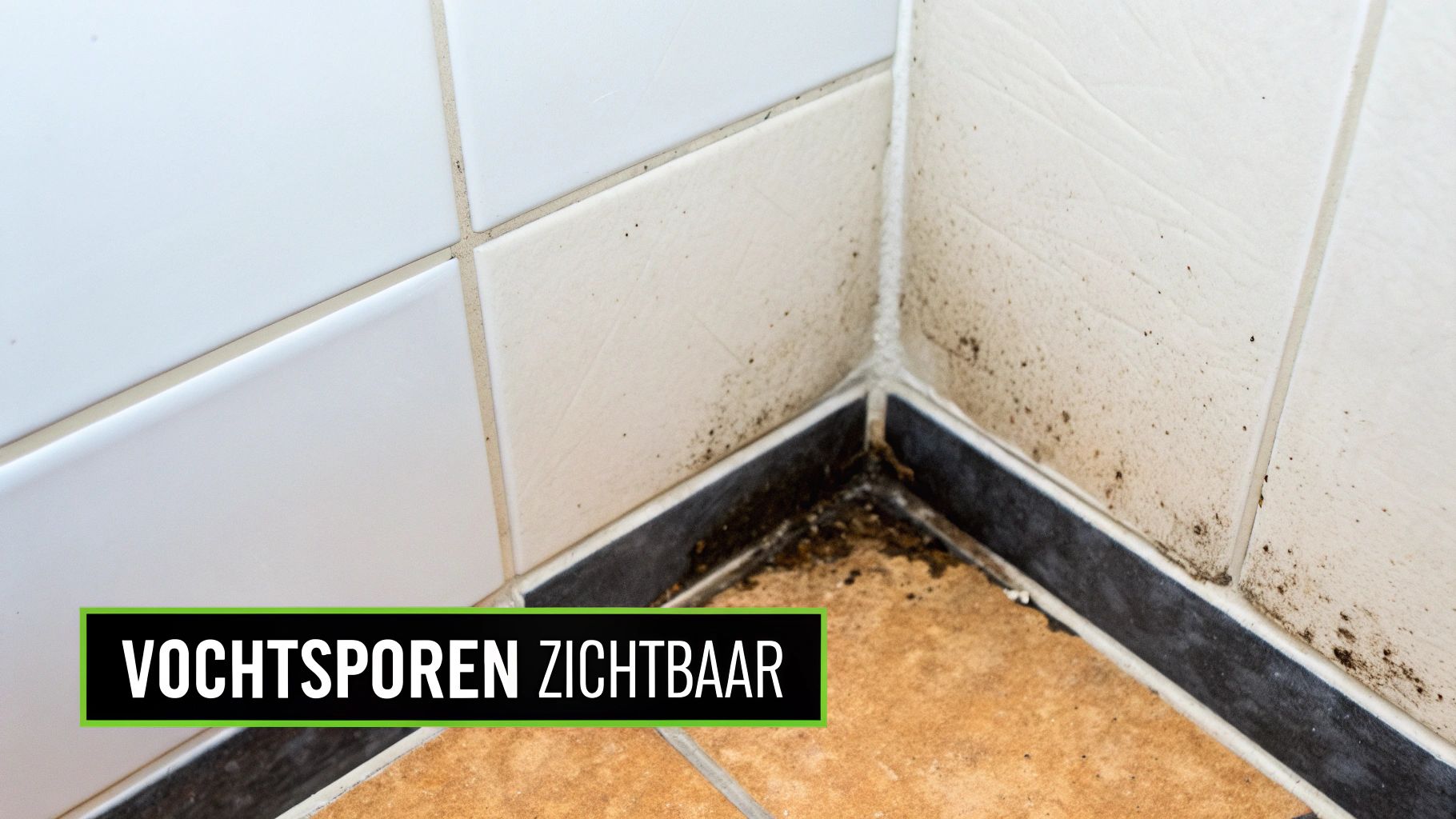 Duidelijke vochtsporen en schimmel zijn zichtbaar in de hoek van een betegelde badkamer.