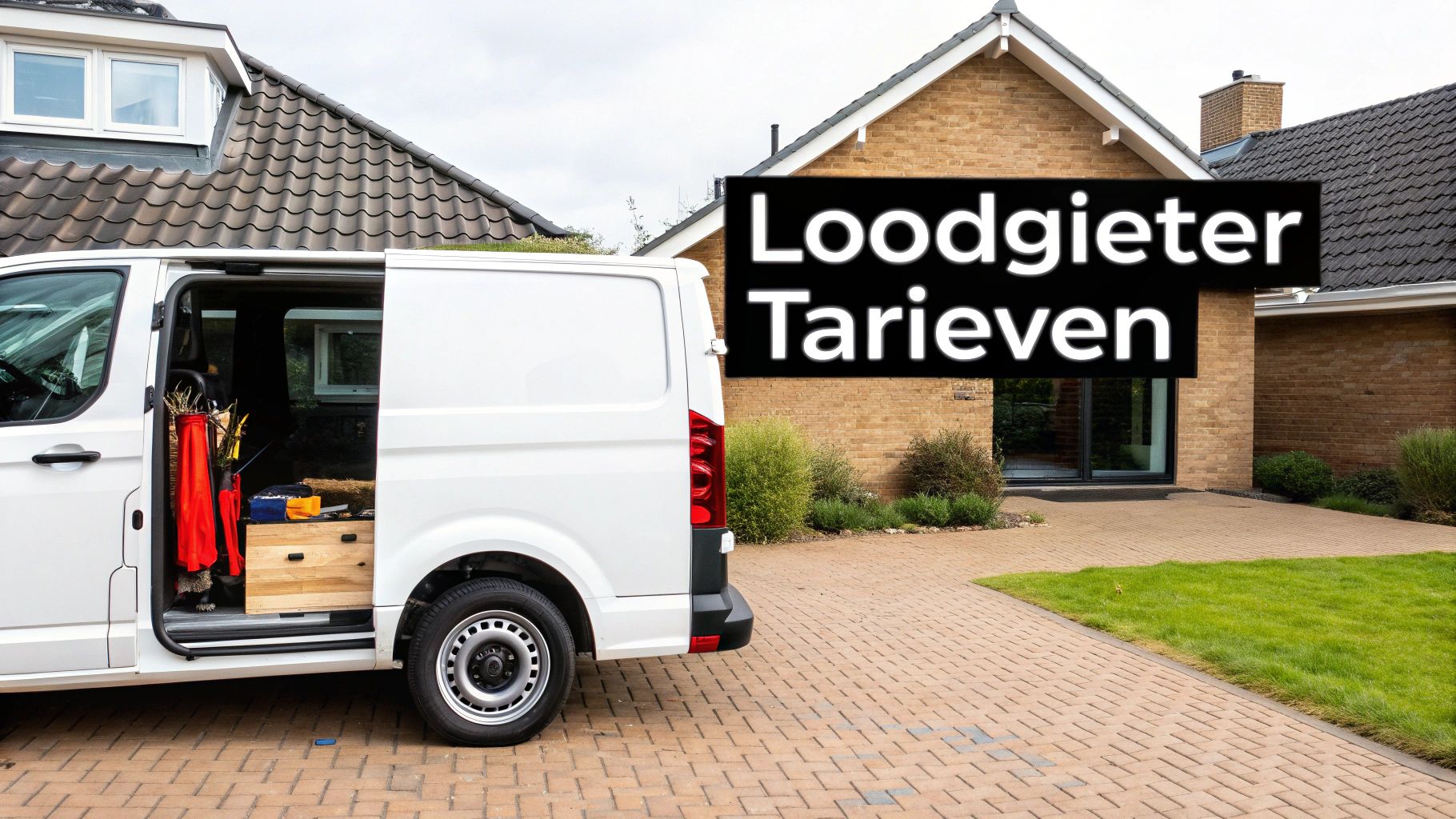 Witte servicebus van een loodgieter met gereedschap, geparkeerd bij een woning. Tekst: Loodgieter Tarieven.