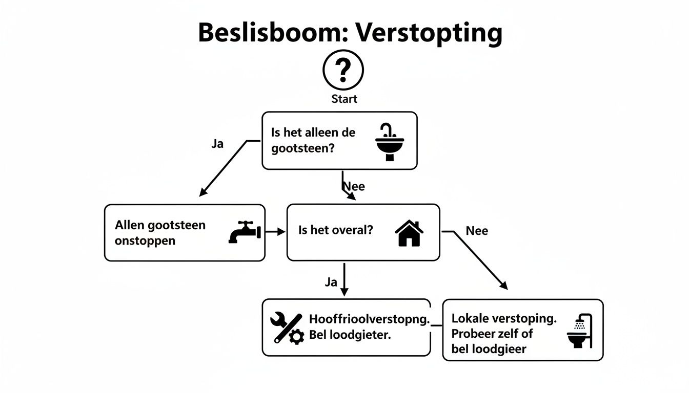 Stapsgewijze beslisboom voor het identificeren en oplossen van een verstopping in gootsteen, afvoer of riool.