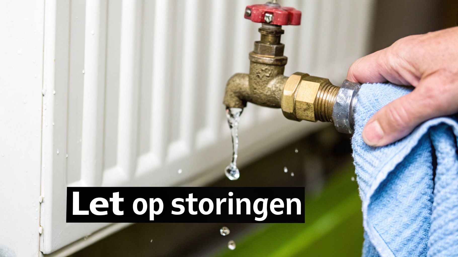 Een lekkende kraan op een radiator, waarbij een hand water opvangt met een blauwe handdoek. Let op storingen.