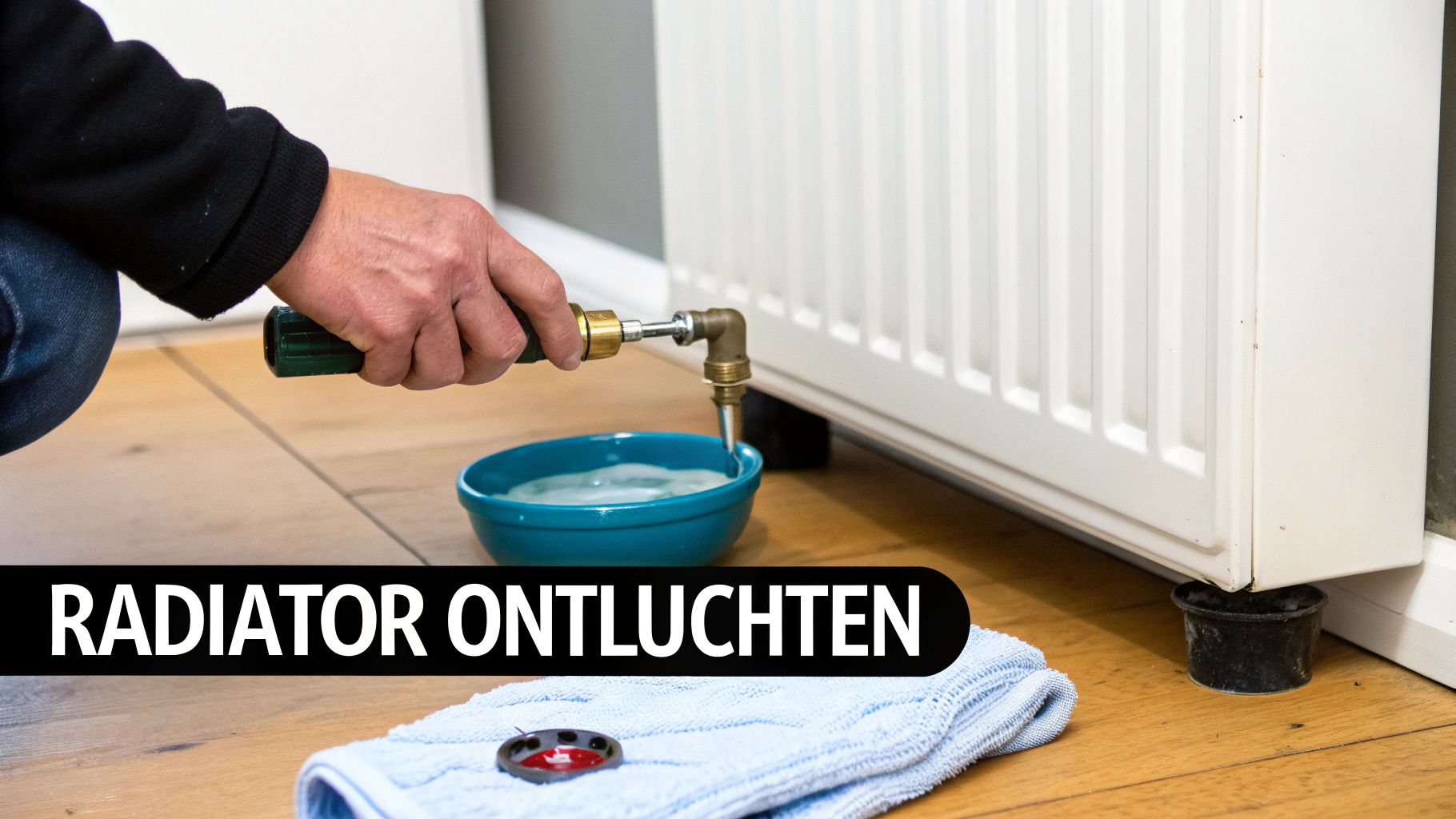 Een persoon ontlucht een radiator met een ontluchtingssleutel, waarbij water in een kom wordt opgevangen.