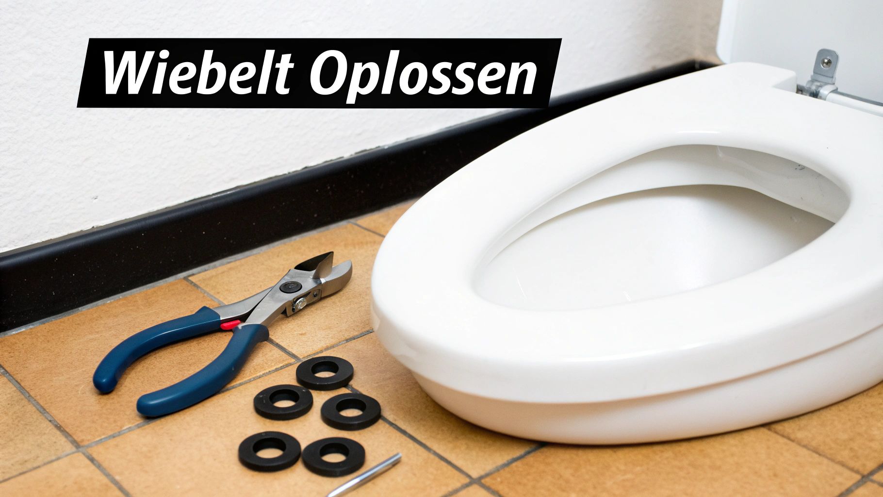 Een toilet met gereedschap, waaronder een tang en ringen, op een tegelvloer, met de tekst 'Wiebelt Oplossen'.