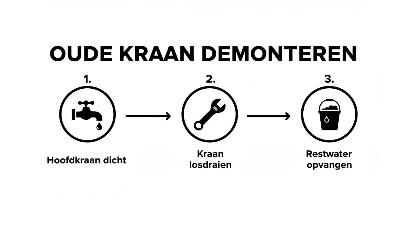 Stappenplan voor het demonteren van een oude kraan: hoofdkraan dicht, kraan losdraaien en restwater opvangen.