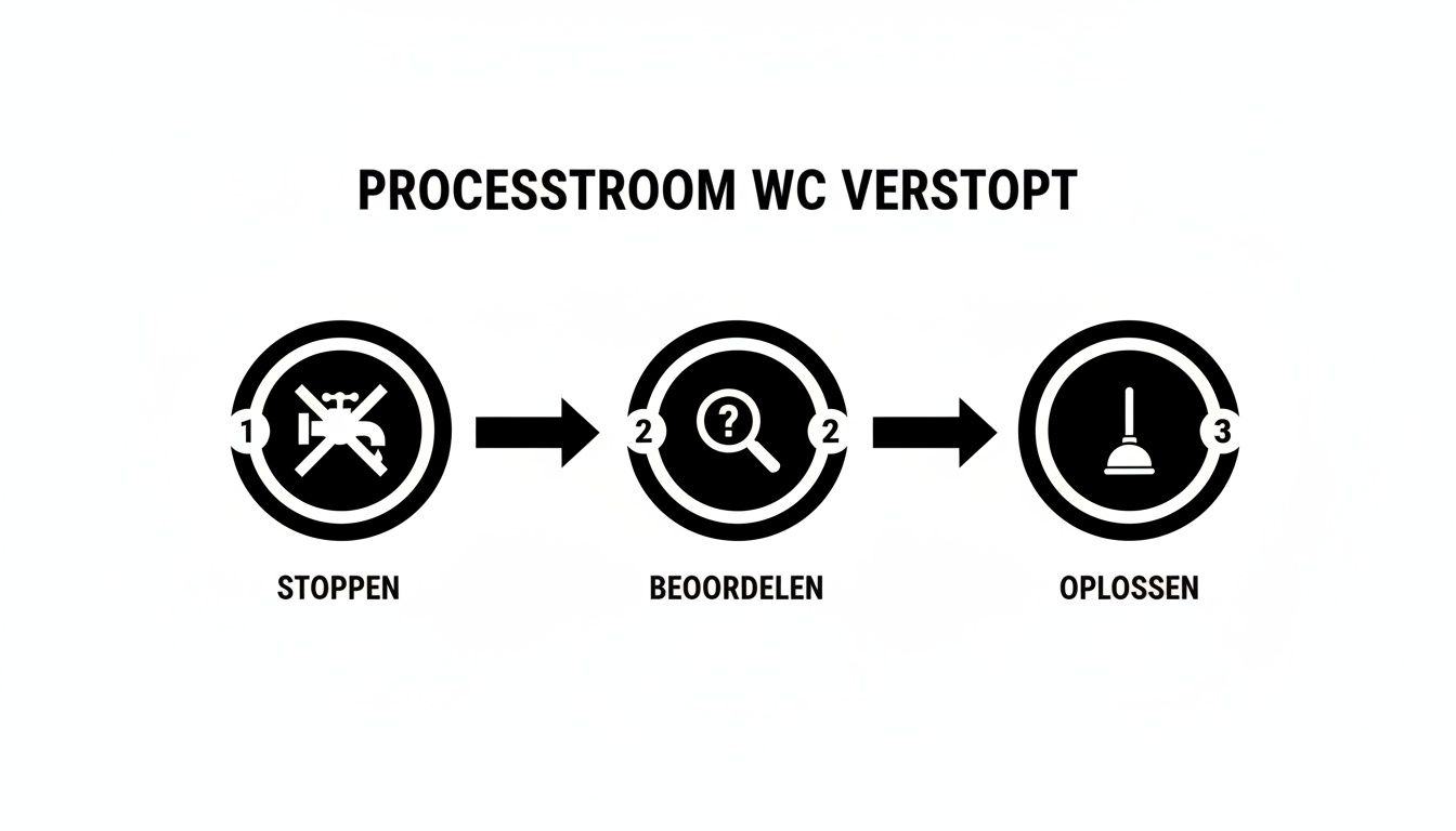 Stroomdiagram met drie stappen voor een verstopte wc: stoppen met gebruik, situatie beoordelen en probleem oplossen.