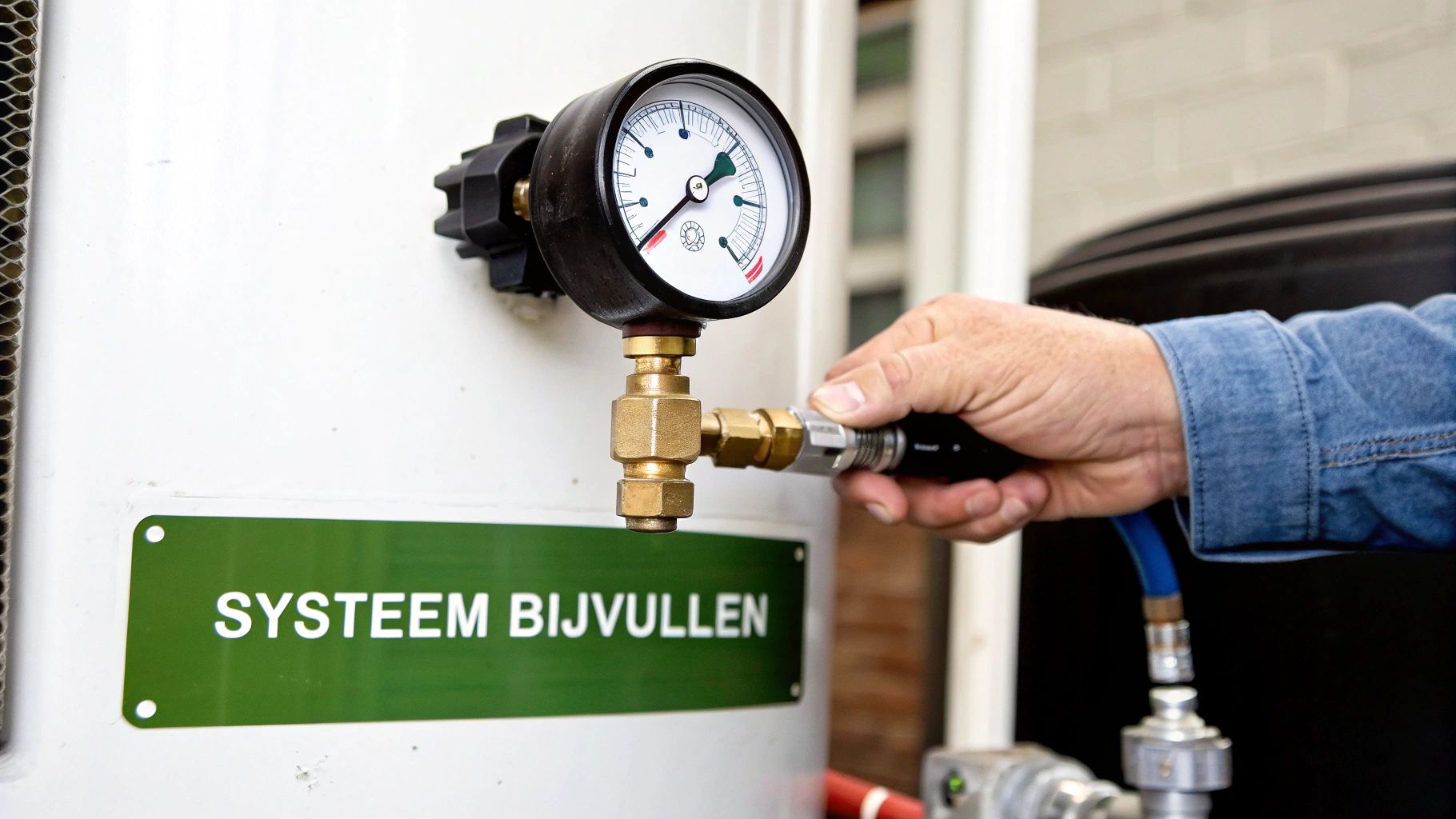 Een hand vult een verwarmingssysteem bij, met een drukmeting en instructiebordje 'SYSTEEM BIJVULLEN'.