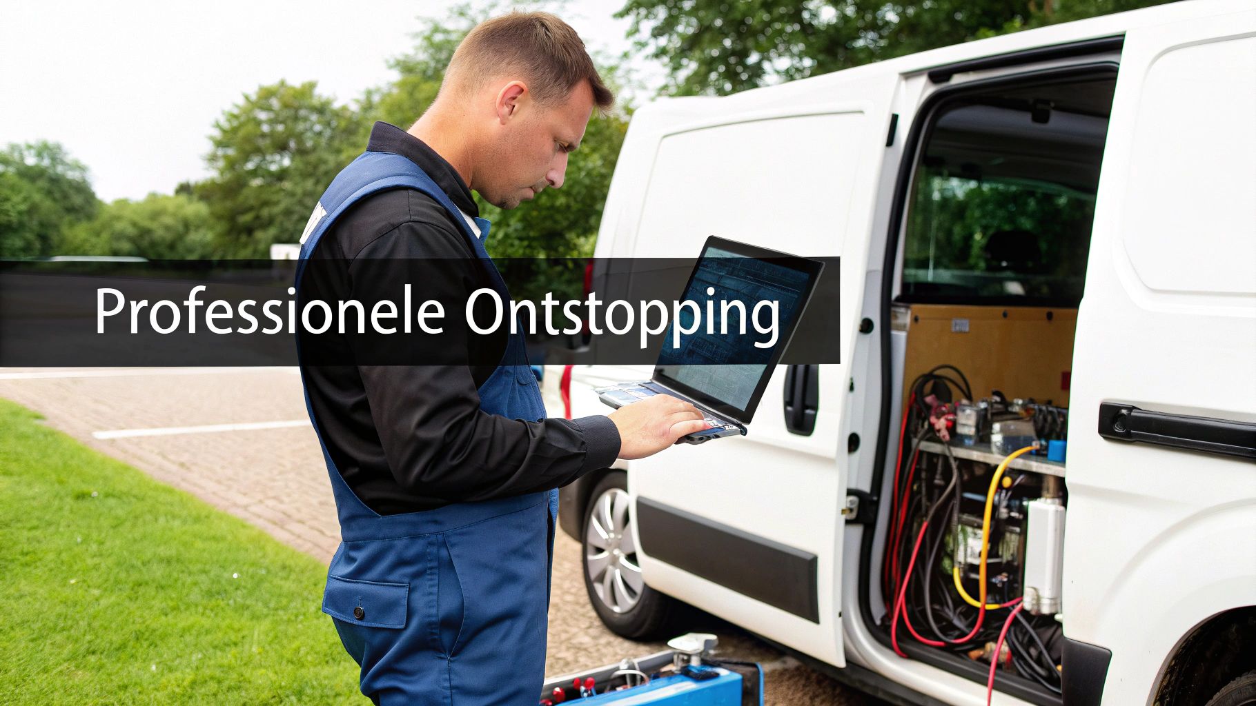 Man in werkpak met laptop naast open witte bestelwagen met apparatuur voor professionele ontstopping.