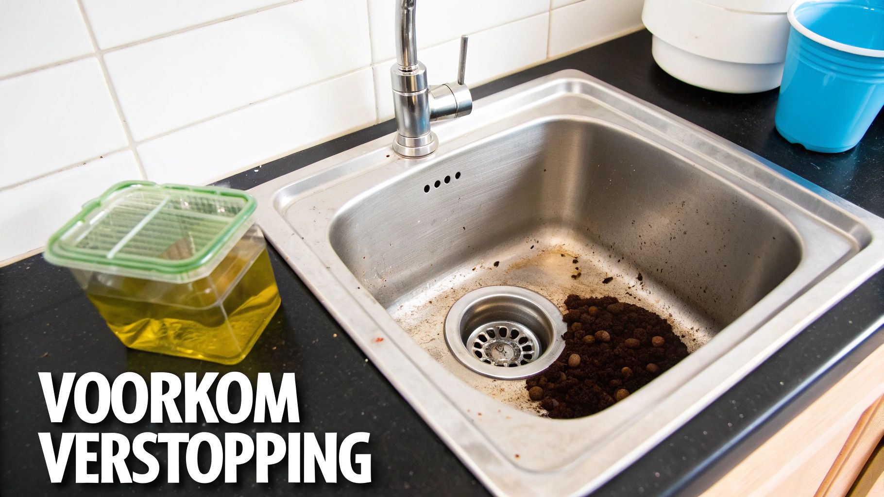 Vuile gootsteen in een keuken met koffiedik en een bakje gebruikt vet, om verstopping te voorkomen.