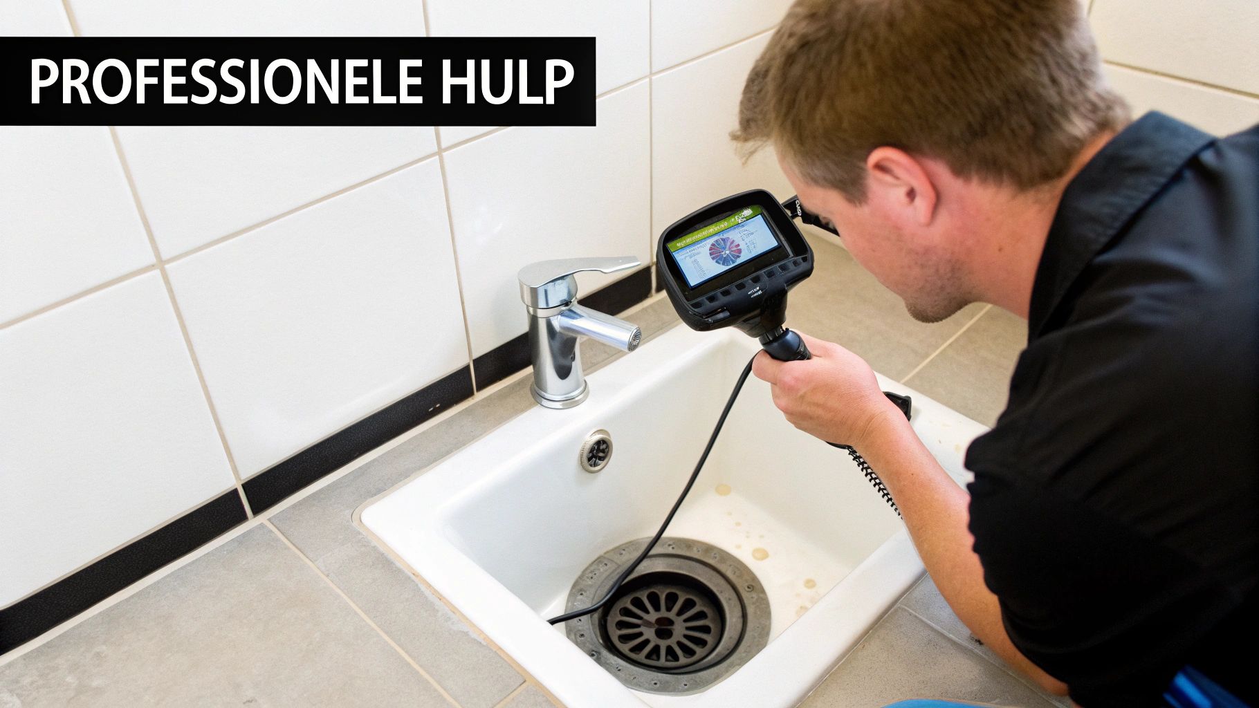Een professional inspecteert een gootsteenafvoer met een inspectiecamera. Professionele hulp bij verstoppingen wordt aangeboden.