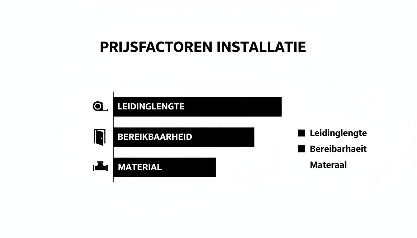 Overzicht van prijsfactoren voor installatie, waaronder leidinglengte, bereikbaarheid en materiaal, gepresenteerd als een staafdiagram.