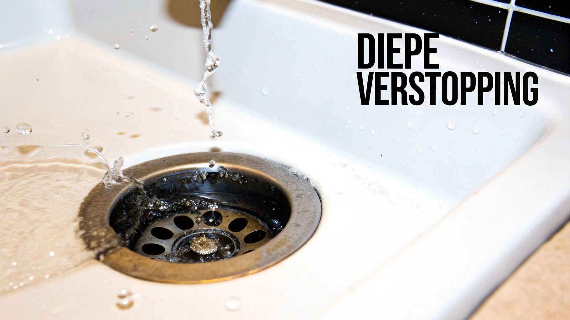 Detail van een wasbak met water dat in de afvoer stroomt, met de tekst 'Diepe Verstopping'.