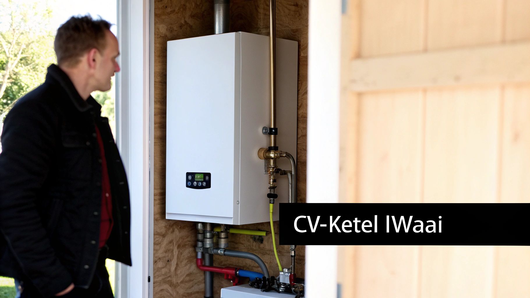 Een man kijkt naar een witte CV-ketel met bedieningspaneel in een houten ruimte.