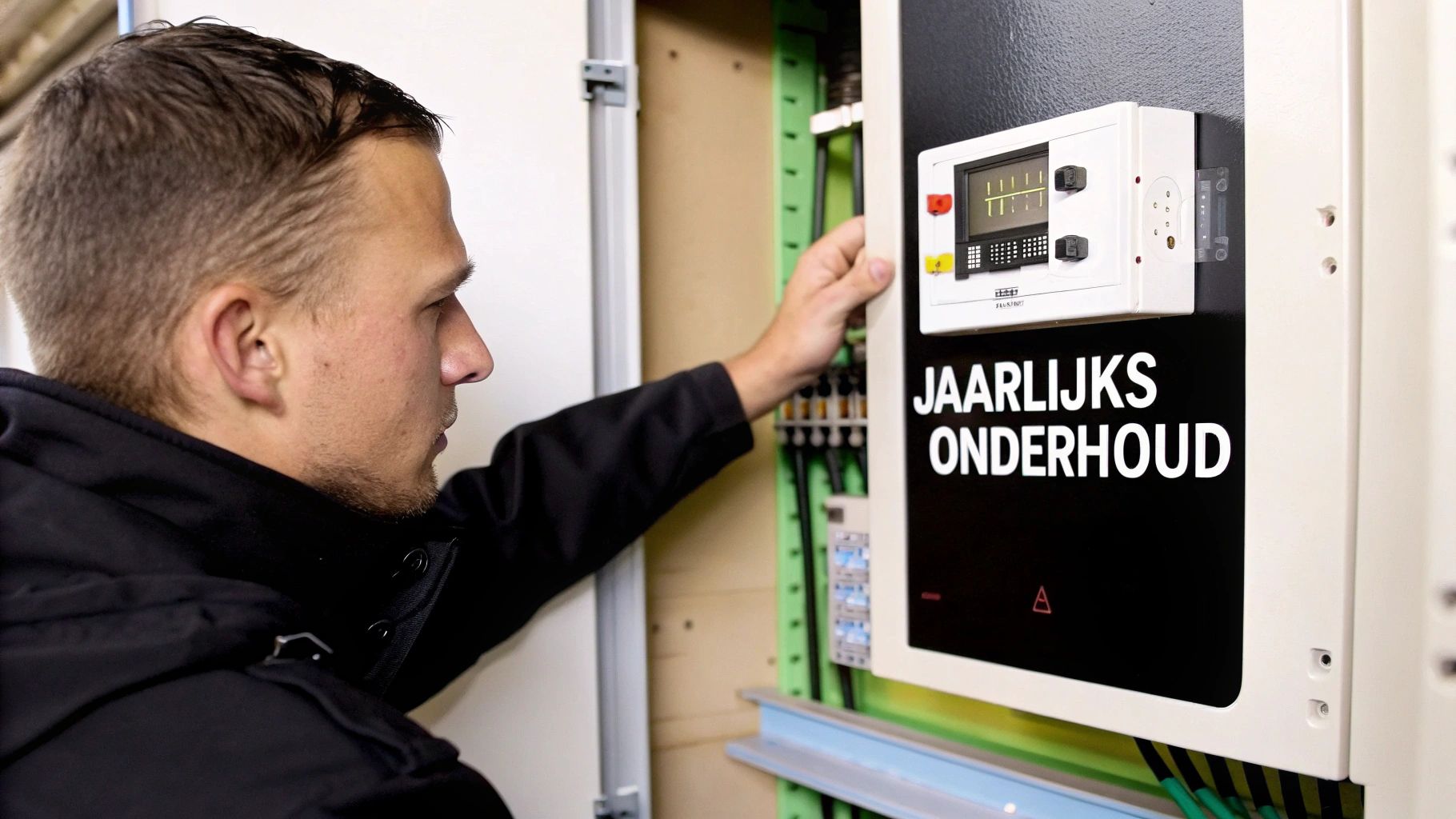 Monteur voert jaarlijks onderhoud uit aan een elektrisch paneel of besturingskast, met de tekst 'Jaarlijks onderhoud' erop.
