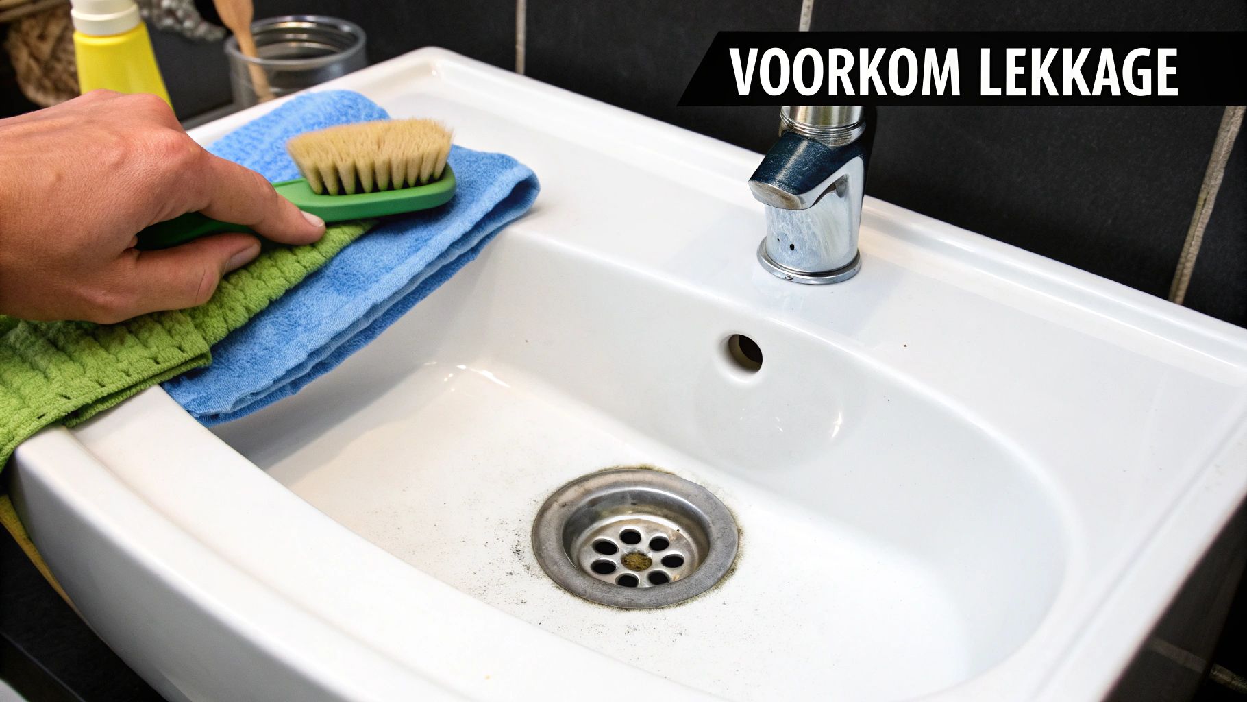 Een hand houdt een borstel en doeken vast boven een gootsteen met een kraan en afvoer.
