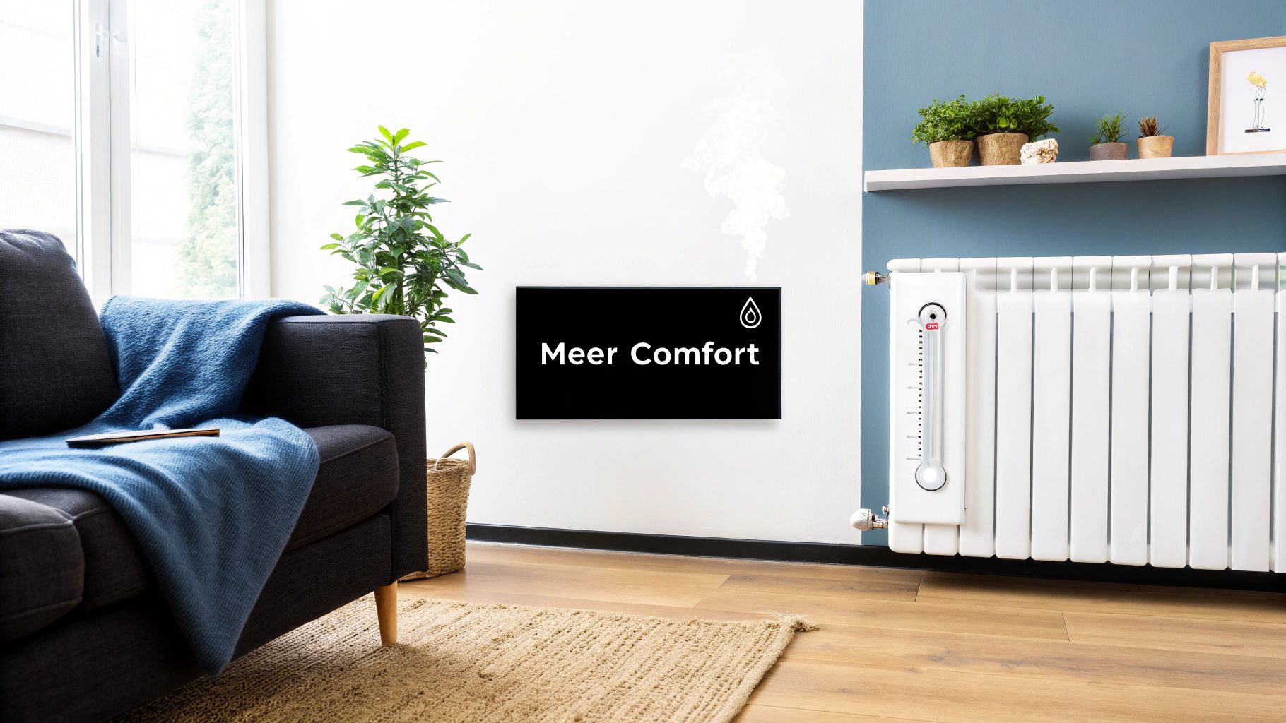 Een gezellige woonkamer met een bank, plant en een muurdisplay voor extra comfort door bevochtiging.