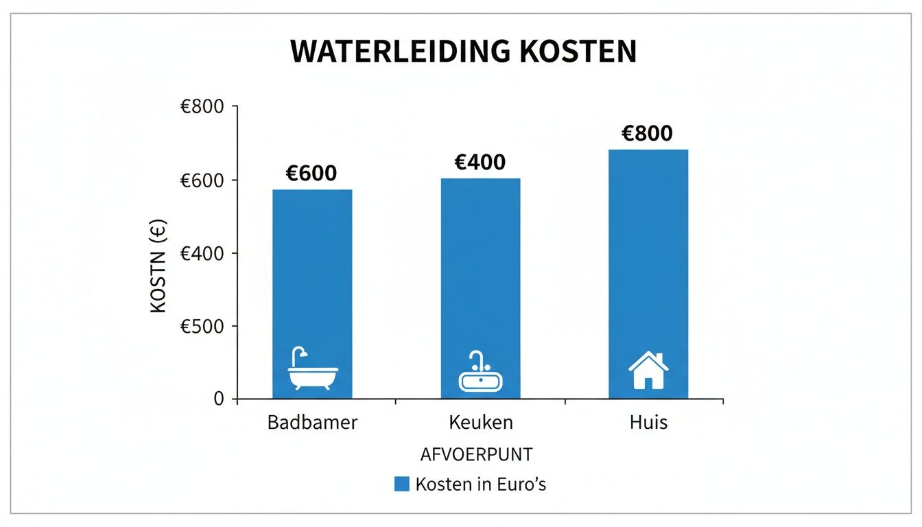 Staafdiagram toont waterleidingkosten voor badkamer (€600), keuken (€400) en huis (€800).