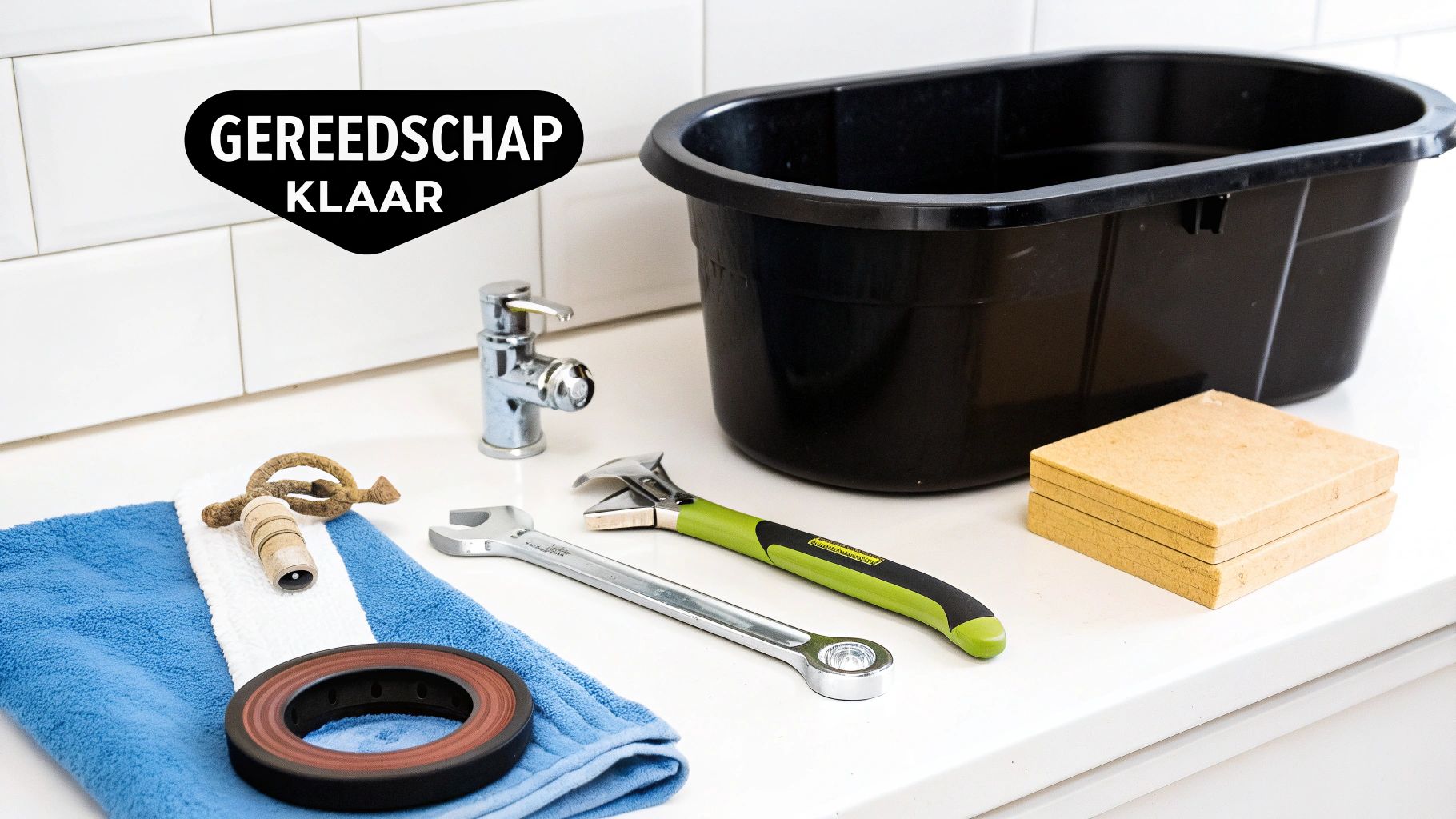 Gereedschap klaar voor het vervangen van een wastafelkraan, inclusief moersleutels, emmer en handdoek.