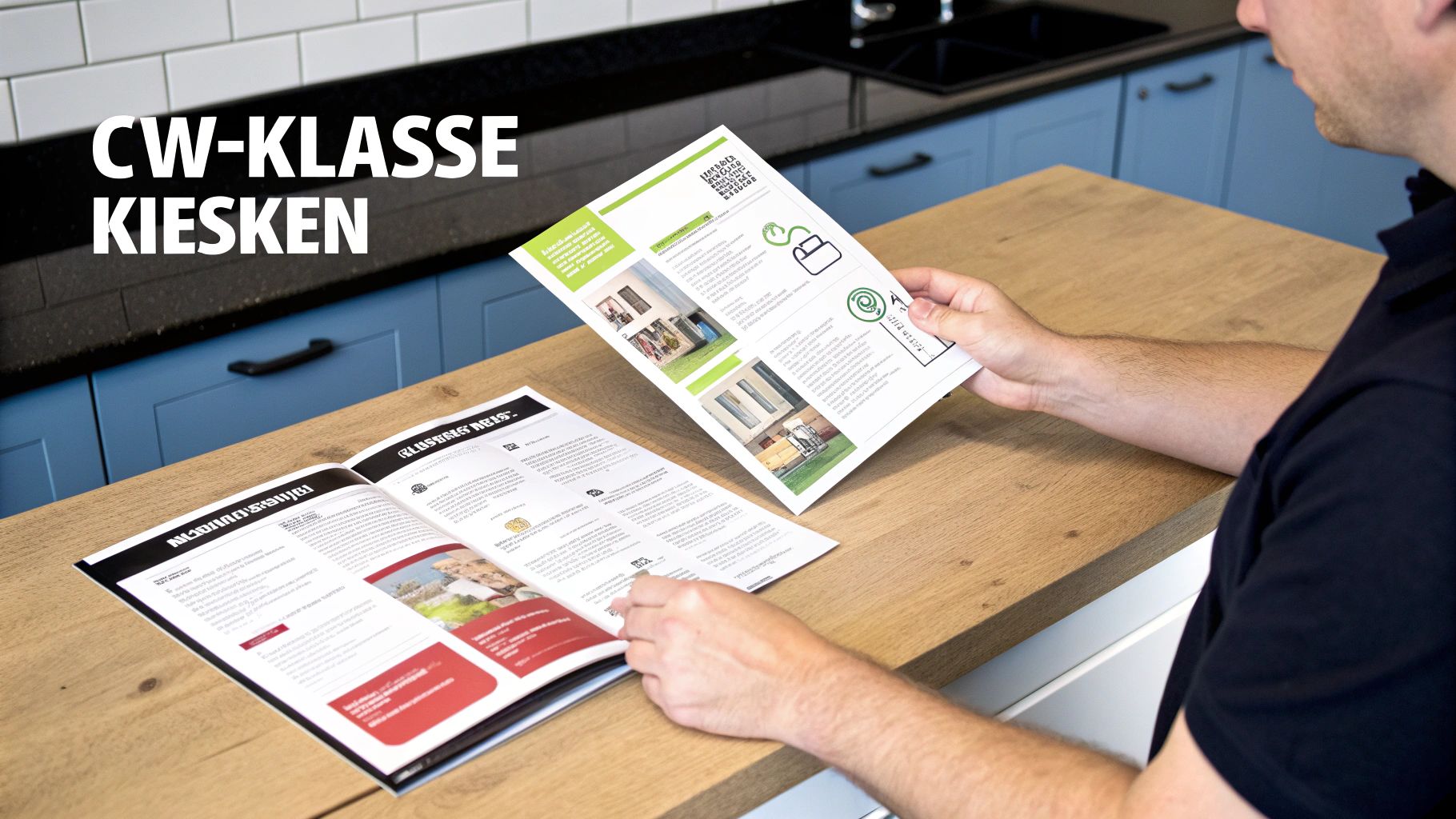 Man bekijkt brochures en flyers op een houten tafel in een moderne keuken, met tekst 'CW-KLASSE KIESKEN'.