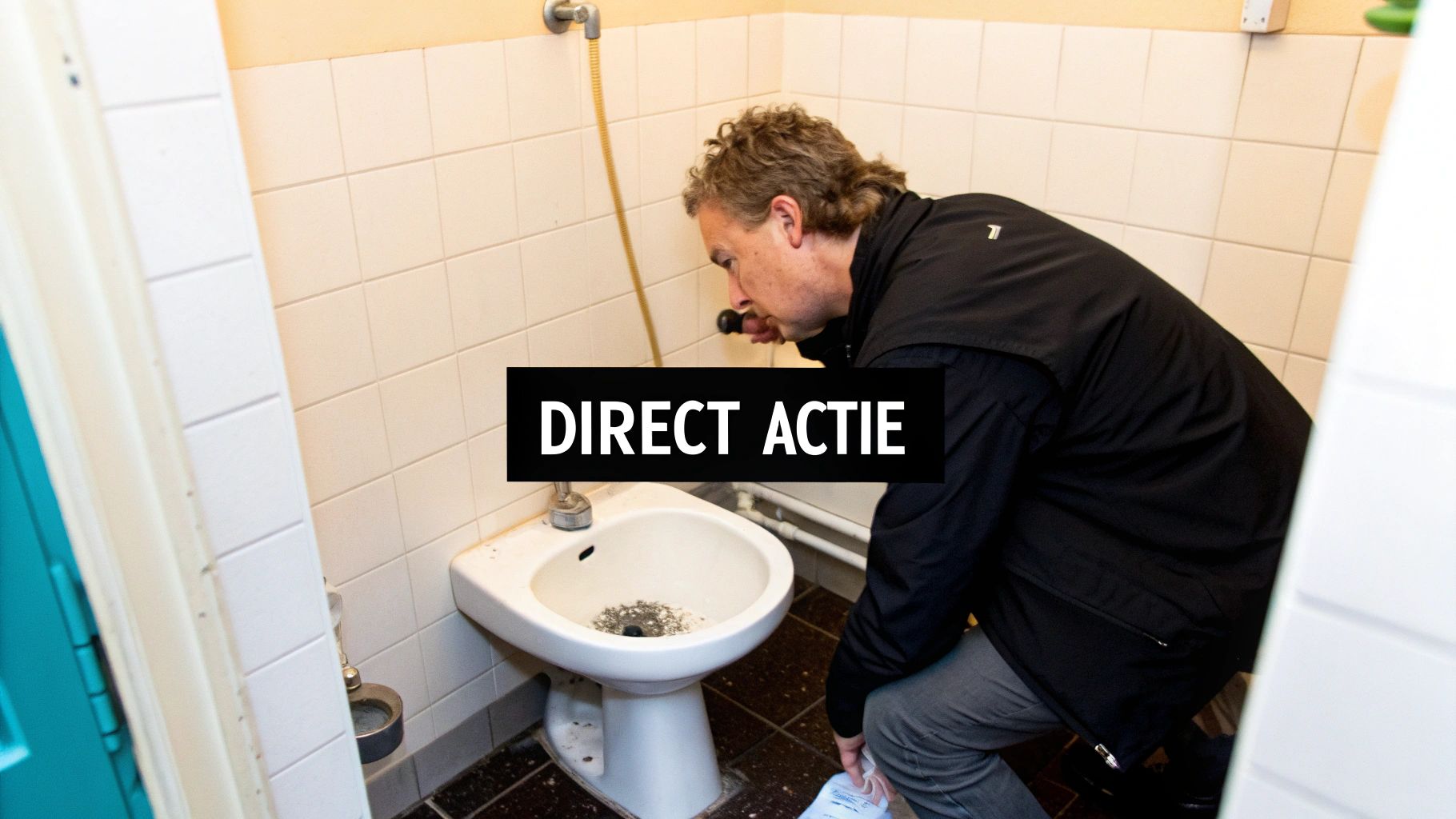 Een man in een badkamer buigt over een vies bidet en onderneemt actie om de verstopping te verhelpen.