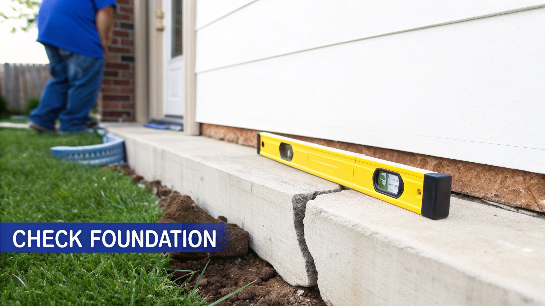 A person uses a yellow level to check a cracked concrete foundation next to a house.