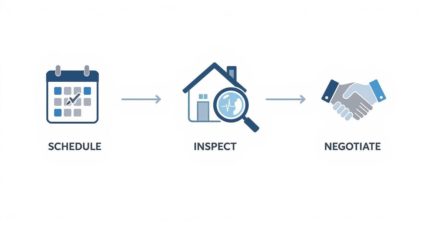 An infographic detailing the three steps of a home inspection process: schedule, inspect, and negotiate.