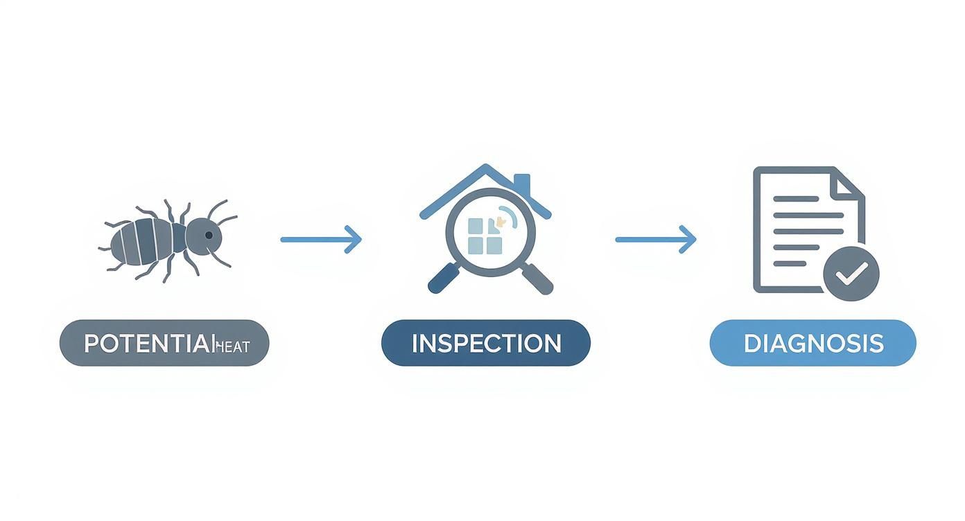 Three-stage pest inspection process flowchart showing potential threat detection, home inspection, and diagnosis report