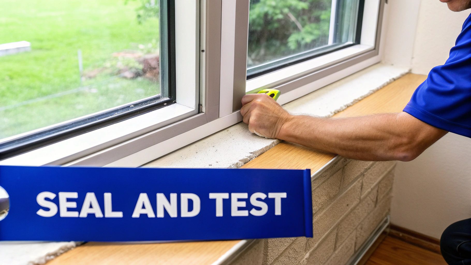A person's hand is applying sealant around a window frame, with a 'SEAL AND TEST' sign visible.
