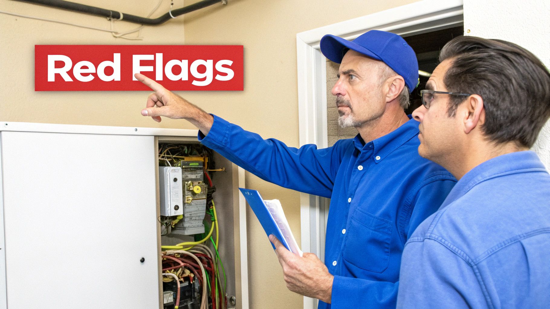 A home inspector points out red flags in an electrical panel to a client.