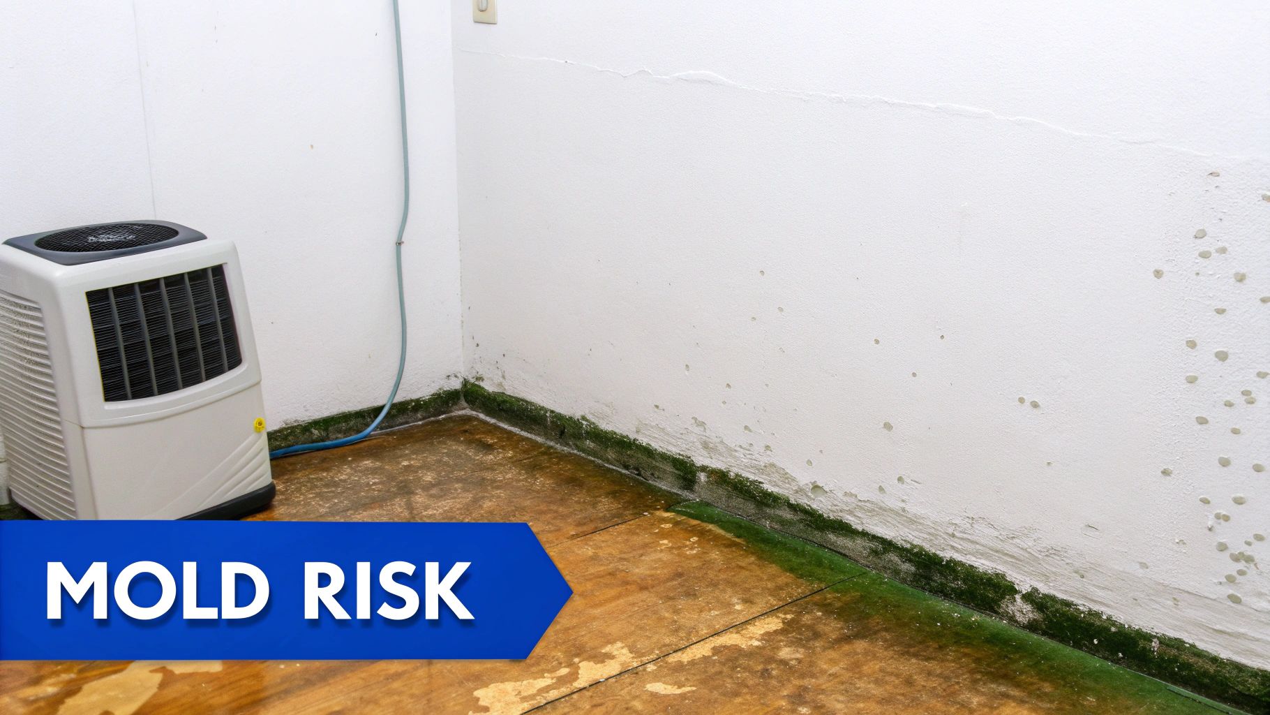 A room corner with significant green mold and dampness on the white wall and floor, next to a dehumidifier.