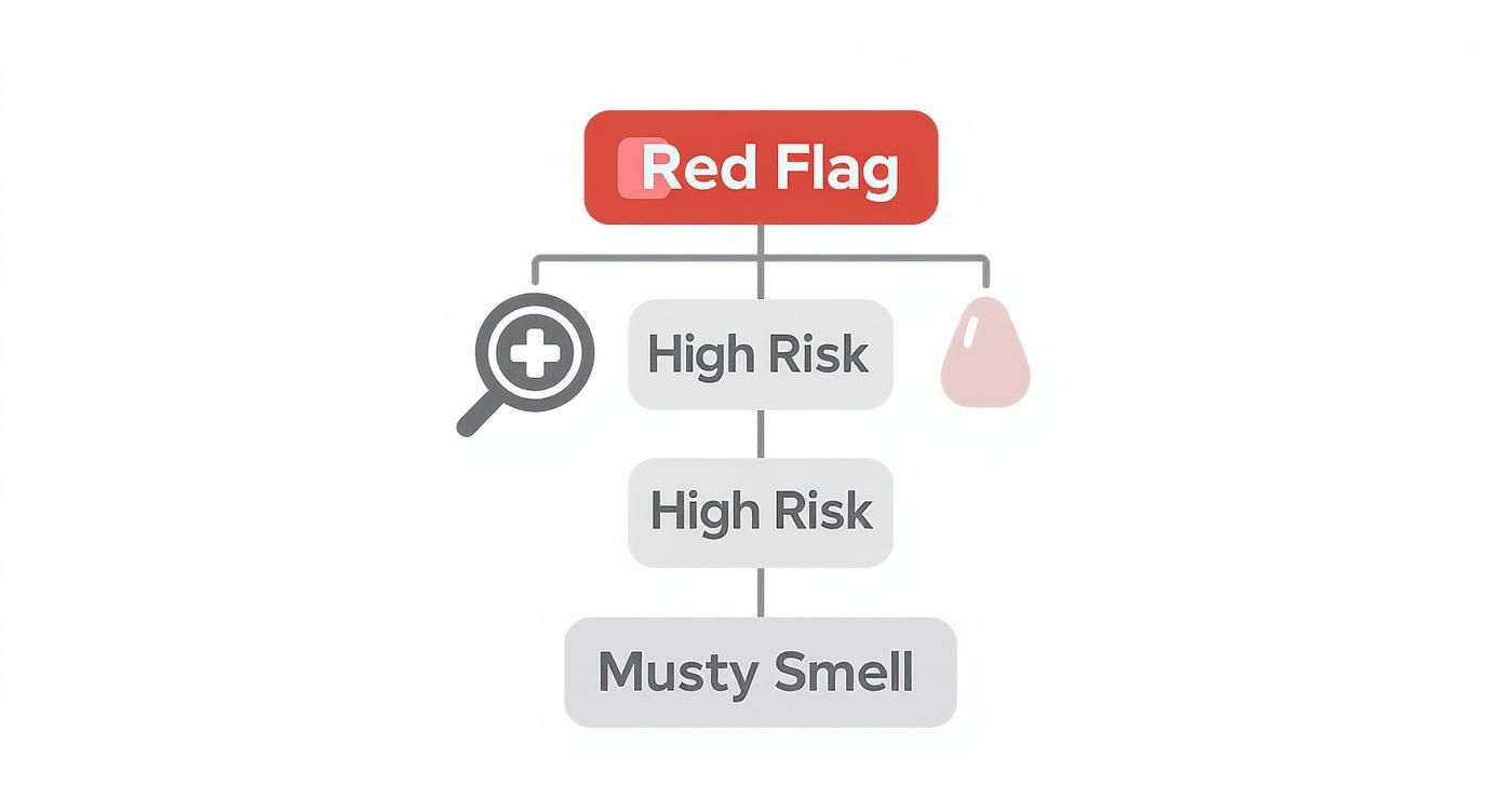 A diagram illustrating a 'Red Flag' leading to 'High Risk' and 'Musty Smell', relevant for mold inspection.