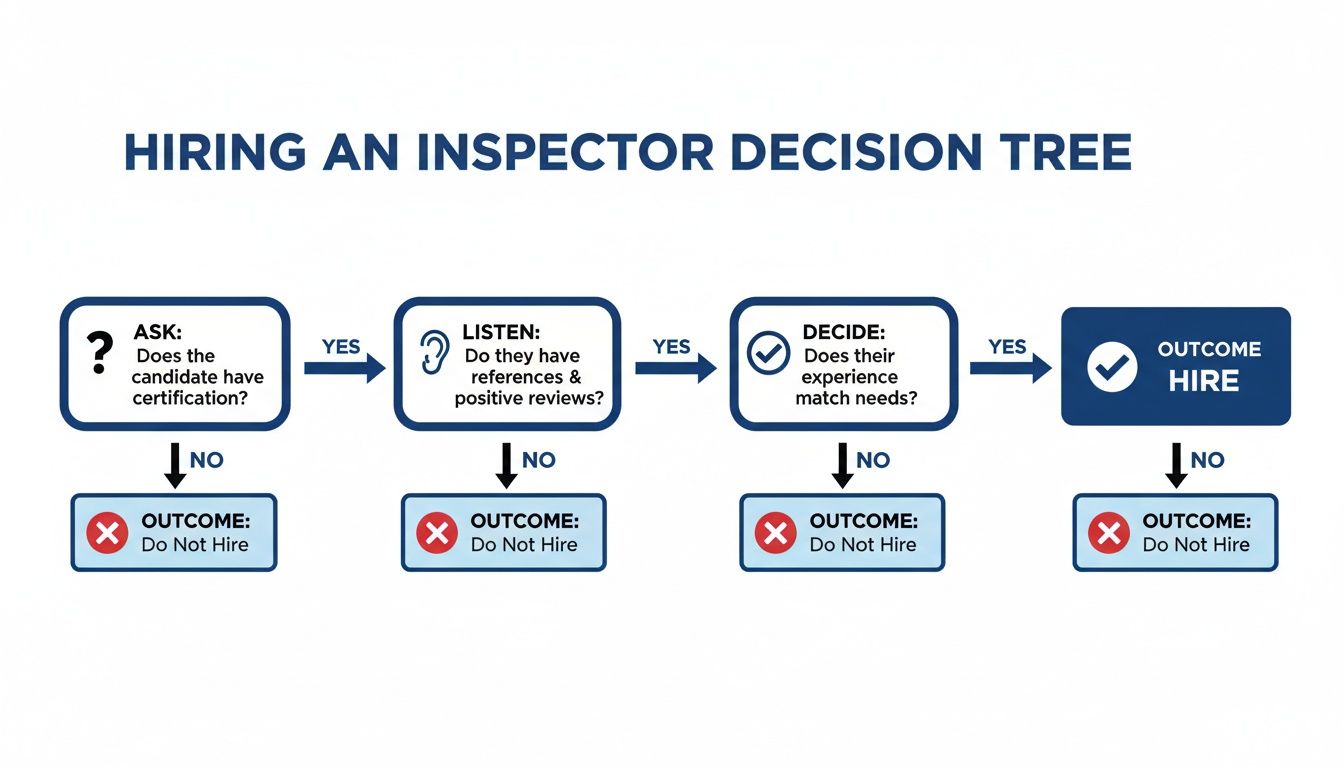 A decision tree diagram outlining the key steps and questions for hiring an inspector.