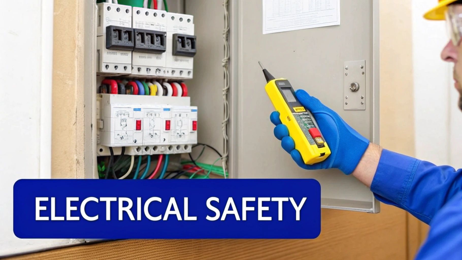 An electrician in safety gear uses a voltage tester on an electrical panel, emphasizing electrical safety.