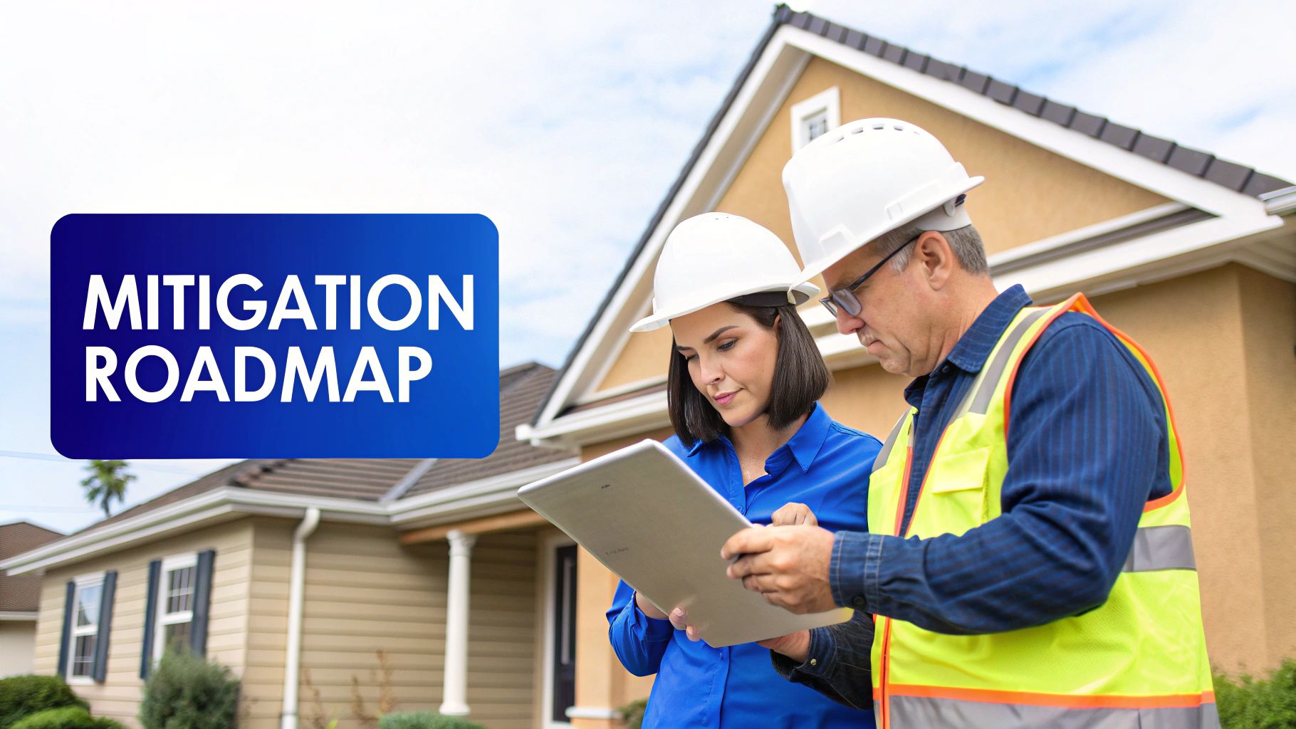 Two contractors in hard hats review a mitigation roadmap report outside a residential house.