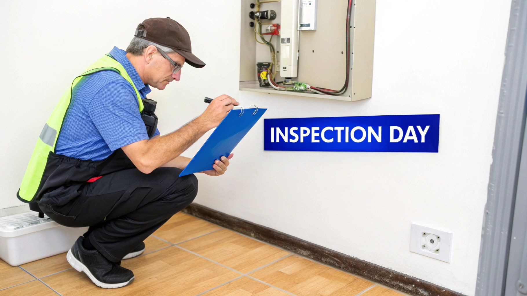 A man in a safety vest and cap inspects an electrical panel, holding a clipboard.