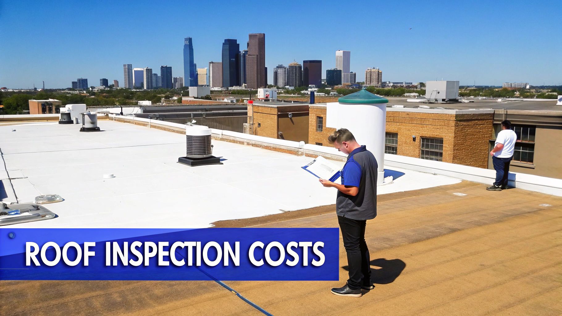 Two men on a commercial rooftop conducting an inspection with a city skyline backdrop.