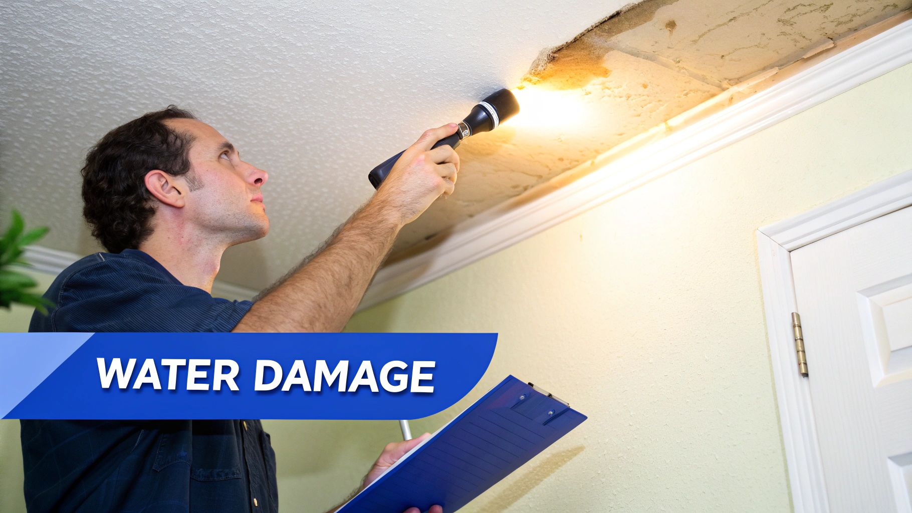 A man with a flashlight inspects a ceiling showing clear signs of water damage, holding a clipboard.