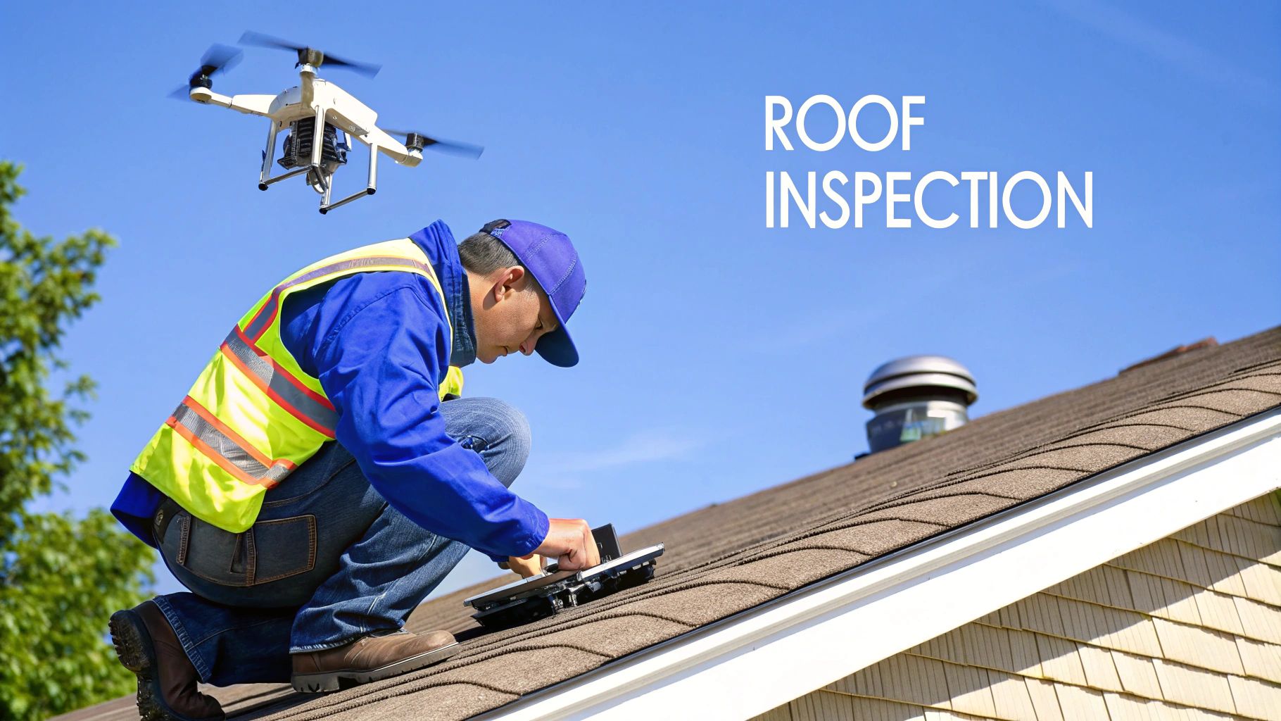 A drone flies over a worker on a residential roof performing an inspection with equipment.