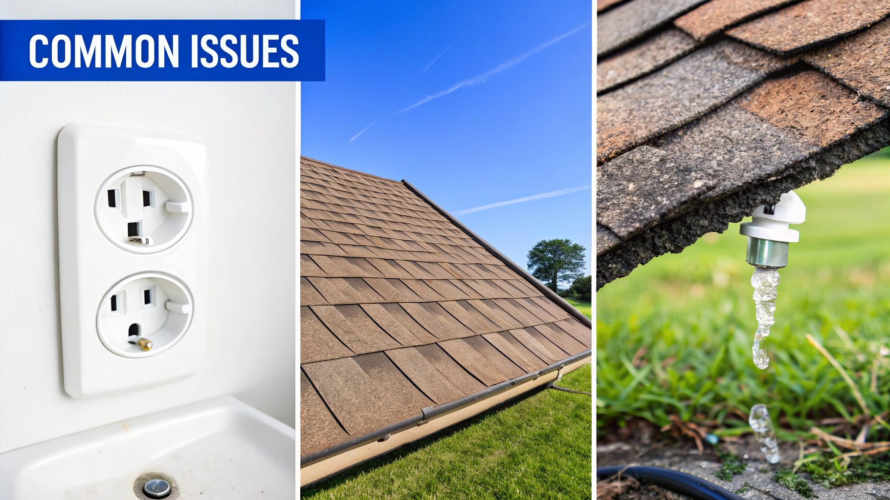 Three common household issues: a faulty electrical outlet, a roof and gutter, and a dripping faucet.