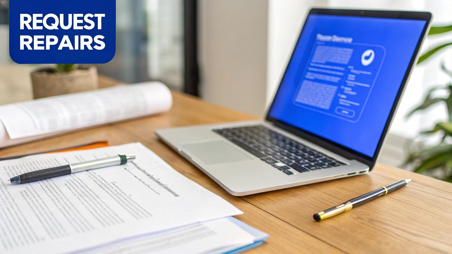 Laptop displaying repair request form on desk with documents and pens for home inspection negotiations