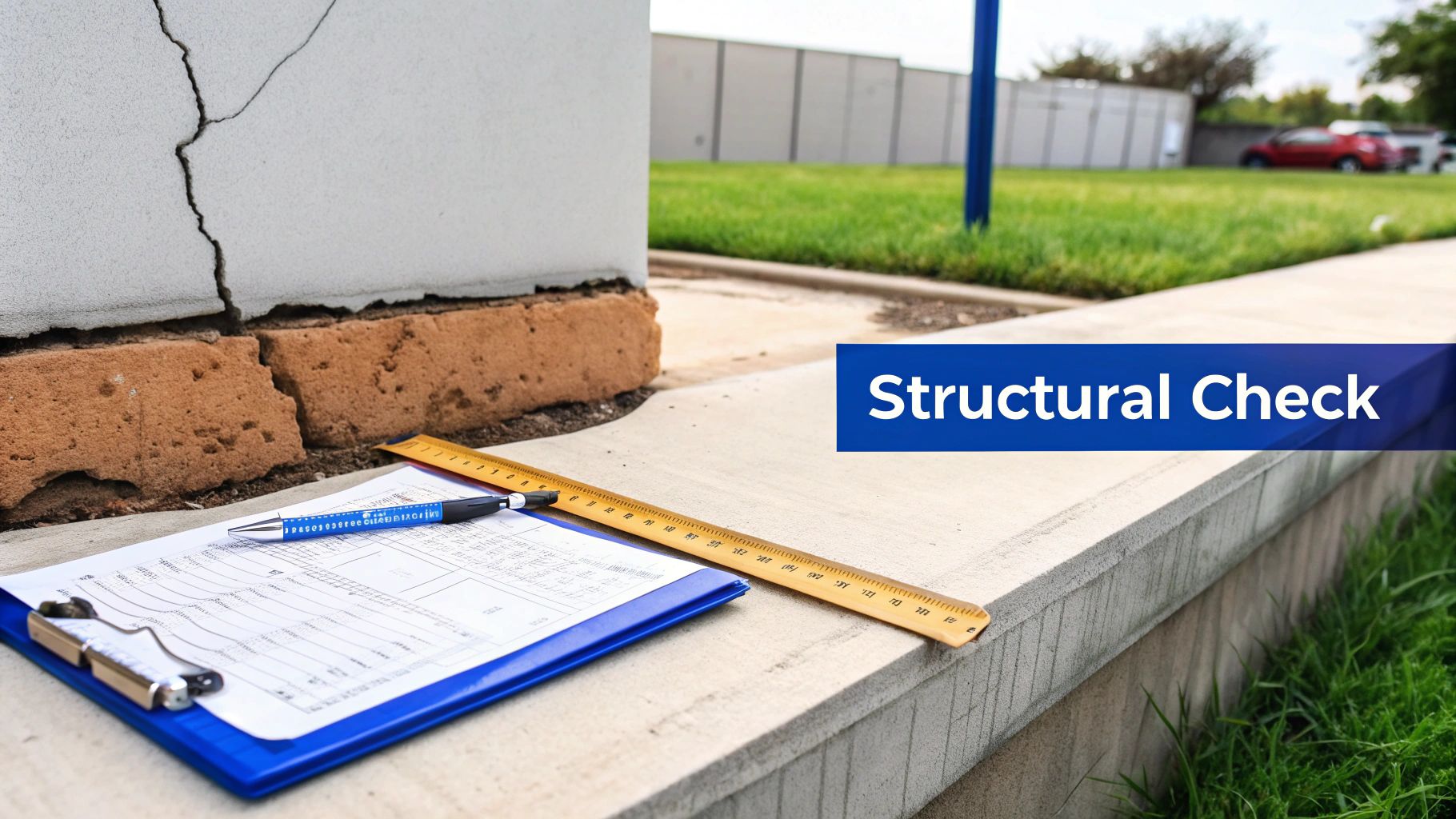 Close-up of a cracked building foundation with a clipboard, pen, and ruler, indicating a structural check.