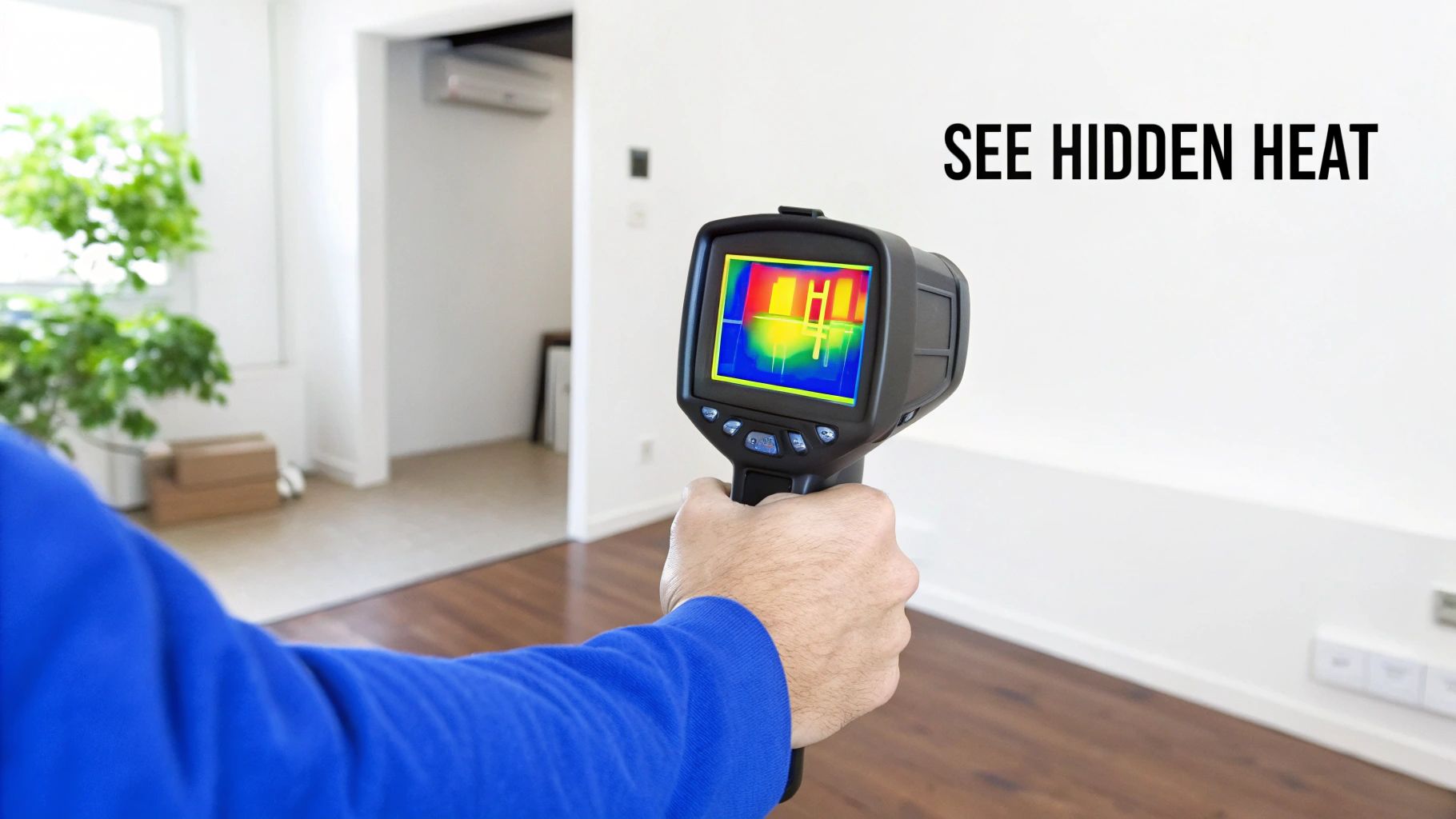 A person uses a thermal imaging camera to inspect a home wall for hidden heat patterns.