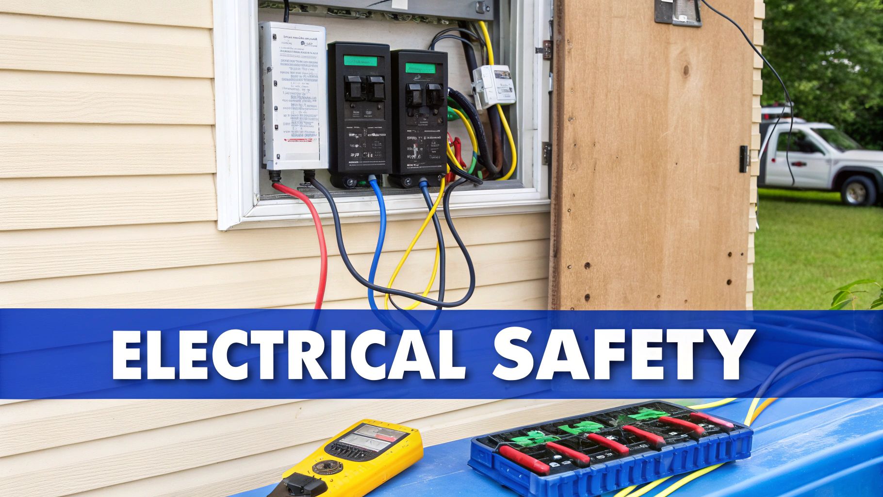 An outdoor electrical panel on a building wall with wires and safety equipment, promoting electrical safety.